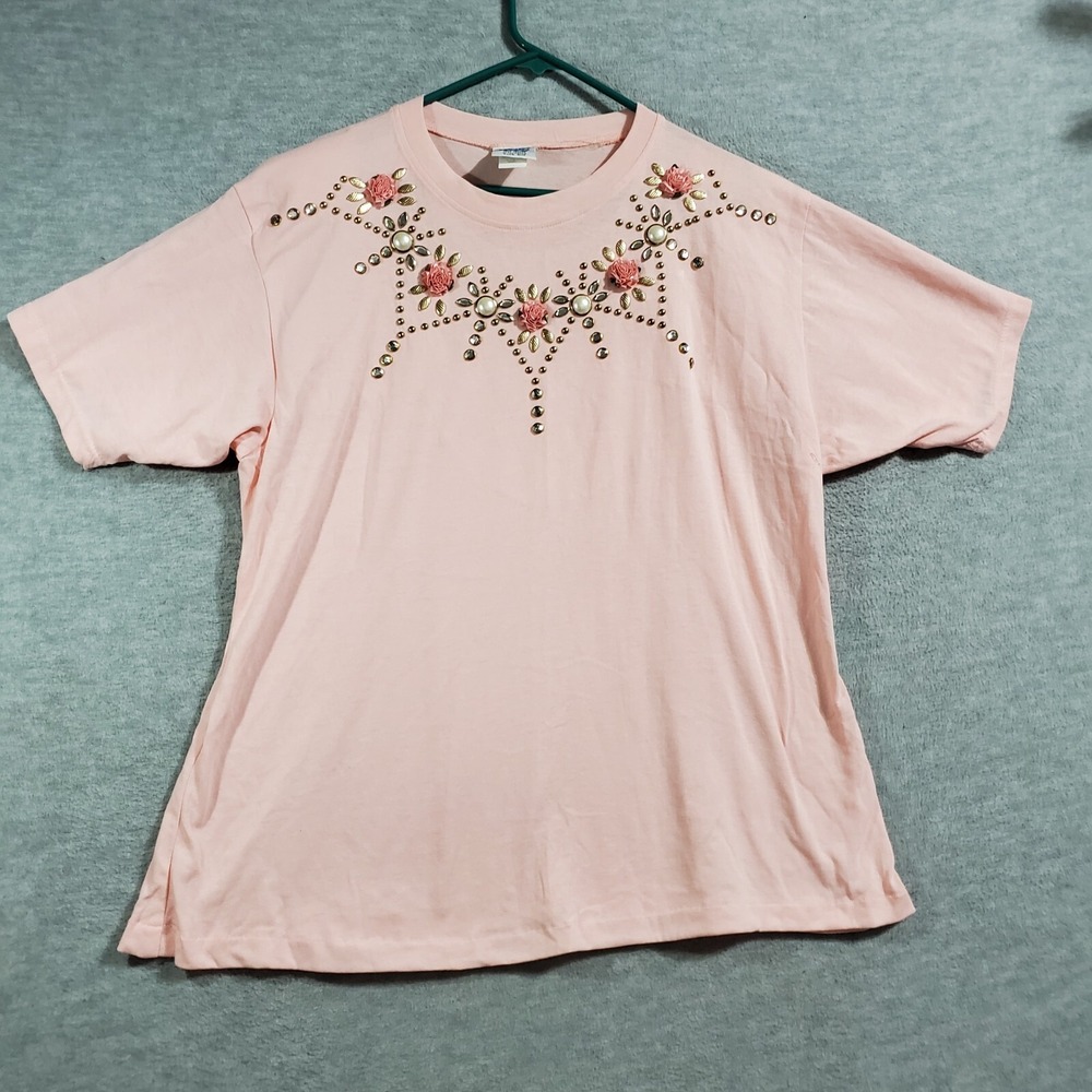 VINTAGE Fast Women Top 0X Pink Beaded Embellish Rosette‎ Rhinestone Grany Glam